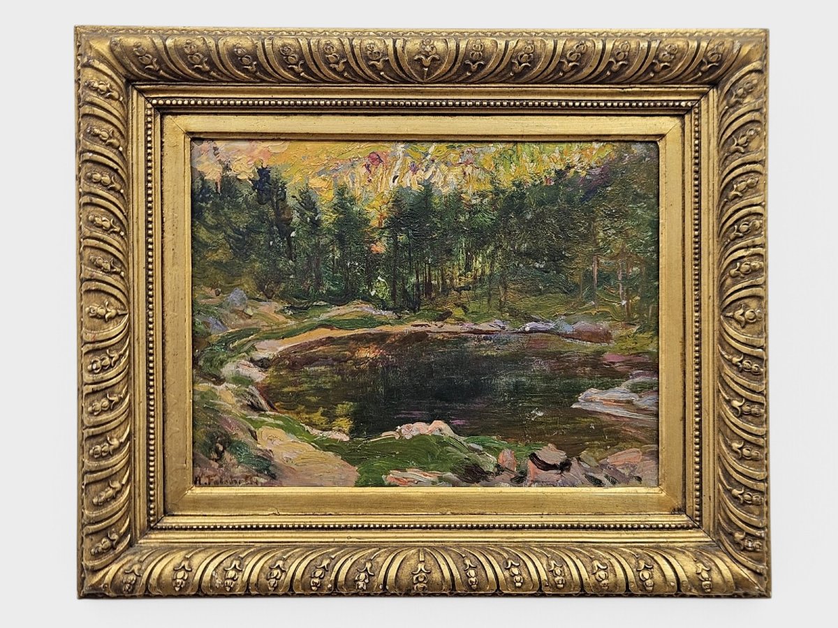 Alberto Falchetti (1878–1951) – Laghetto alpino – Olio su cartoncino