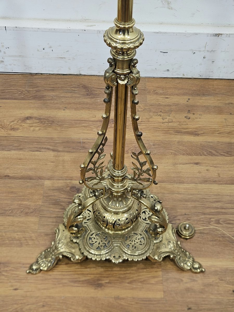 Lampada da terra vittoriana in bronzo dorato con stelo telescopico-photo-2