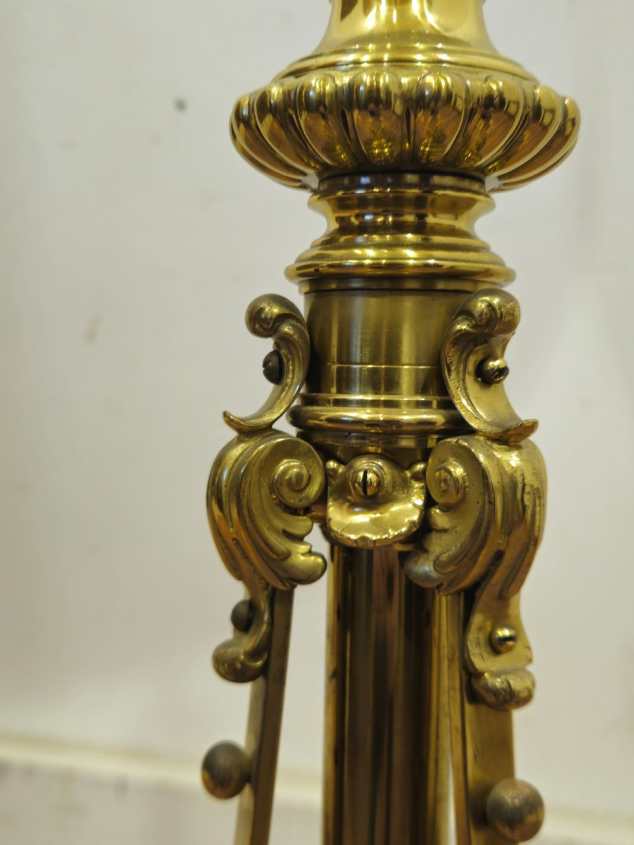 Lampada da terra vittoriana in bronzo dorato con stelo telescopico-photo-4