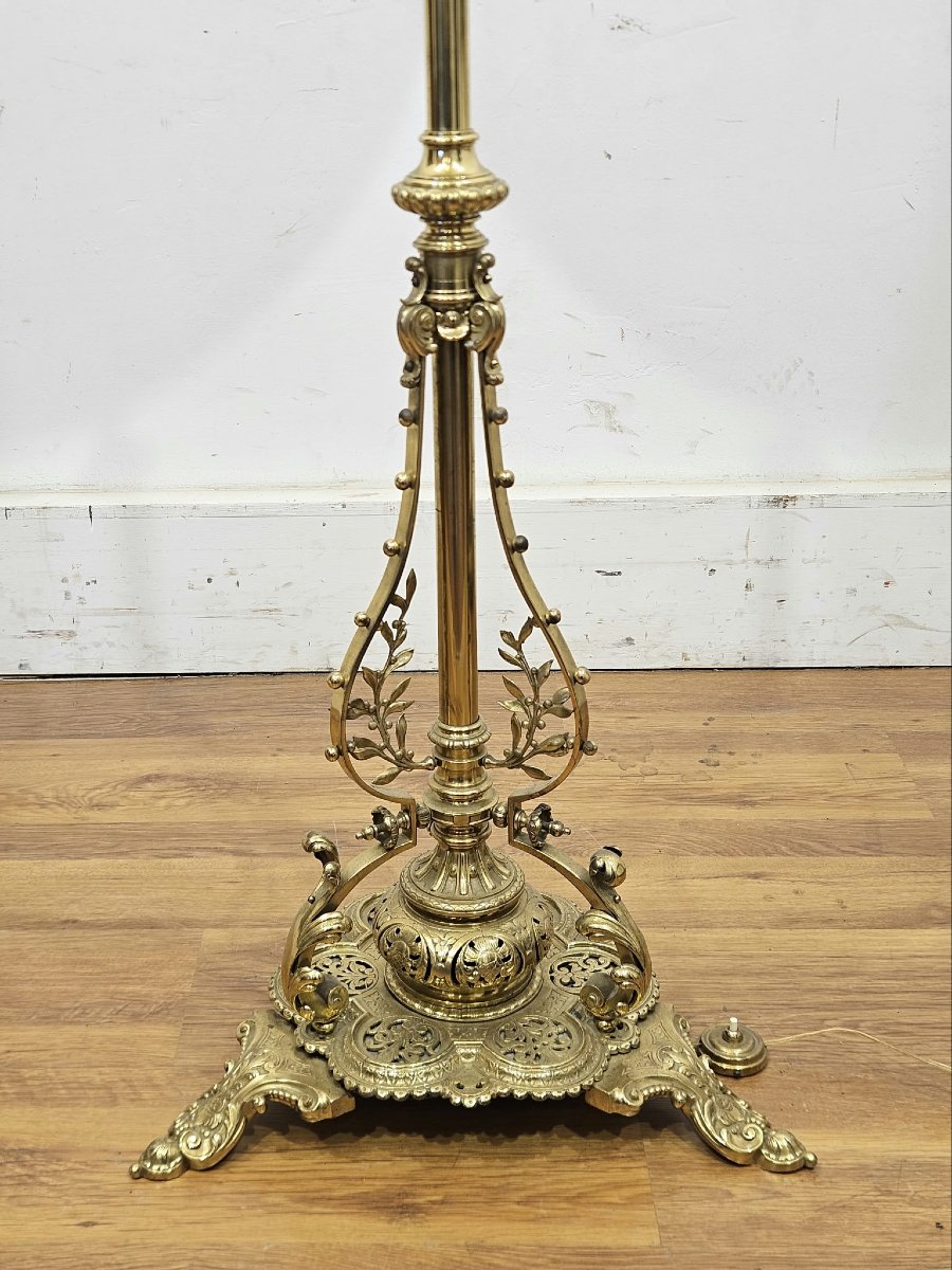 Lampada da terra vittoriana in bronzo dorato con stelo telescopico-photo-5