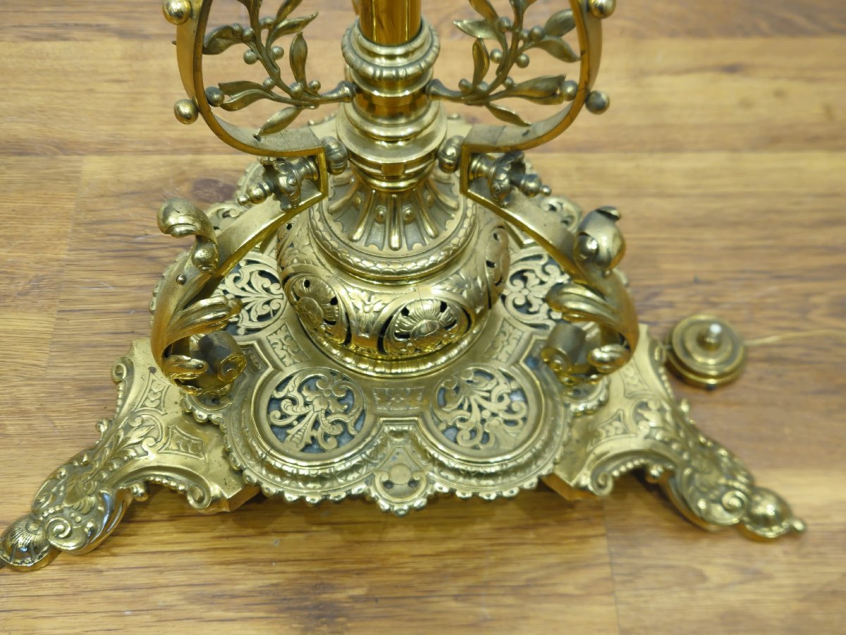 Lampada da terra vittoriana in bronzo dorato con stelo telescopico-photo-8