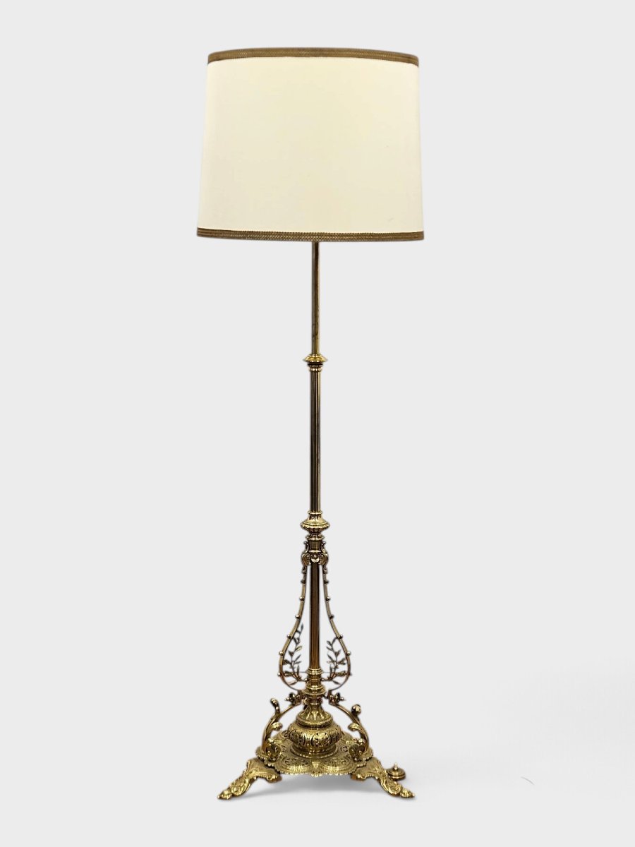 Lampada da terra vittoriana in bronzo dorato con stelo telescopico