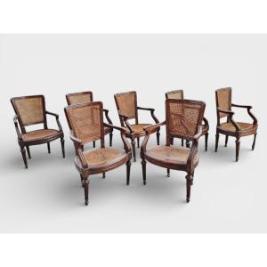 Serie di 7 poltroncine Luigi XVI in noce