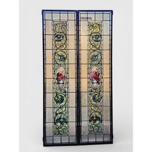 Coppia di vetrate cattedrale rilegate al piombo primo 900 - 188 cm x 48,5 cm.