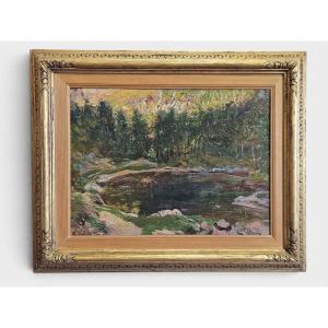 Alberto Falchetti (1878–1951) – Laghetto alpino – Olio su cartoncino