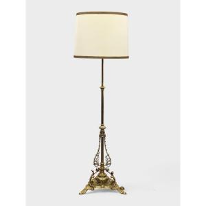 Lampada da terra vittoriana in bronzo dorato con stelo telescopico