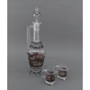 Glass, Painting. Carafe And Two Bonnets. 19th Century Vienna.