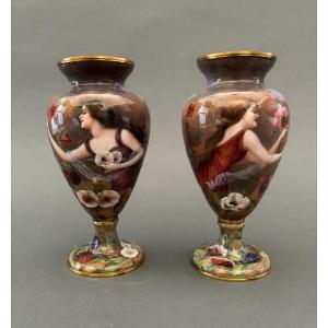Art Nouveau Style Vases. 19th Century Enamel.