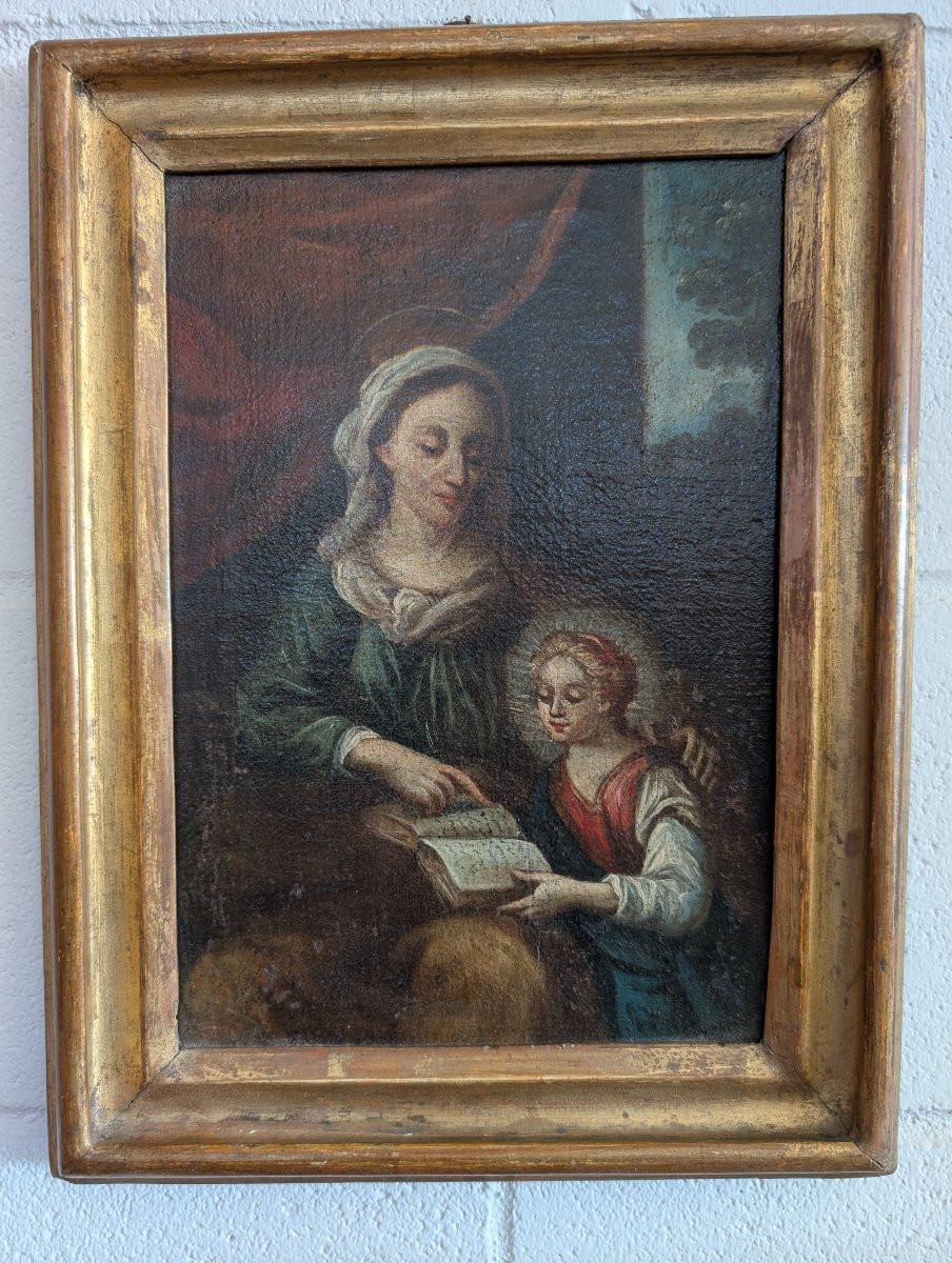 Dipinto religioso – L’educazione della Vergine Italia, fine XVIII secolo Olio su tela-photo-3