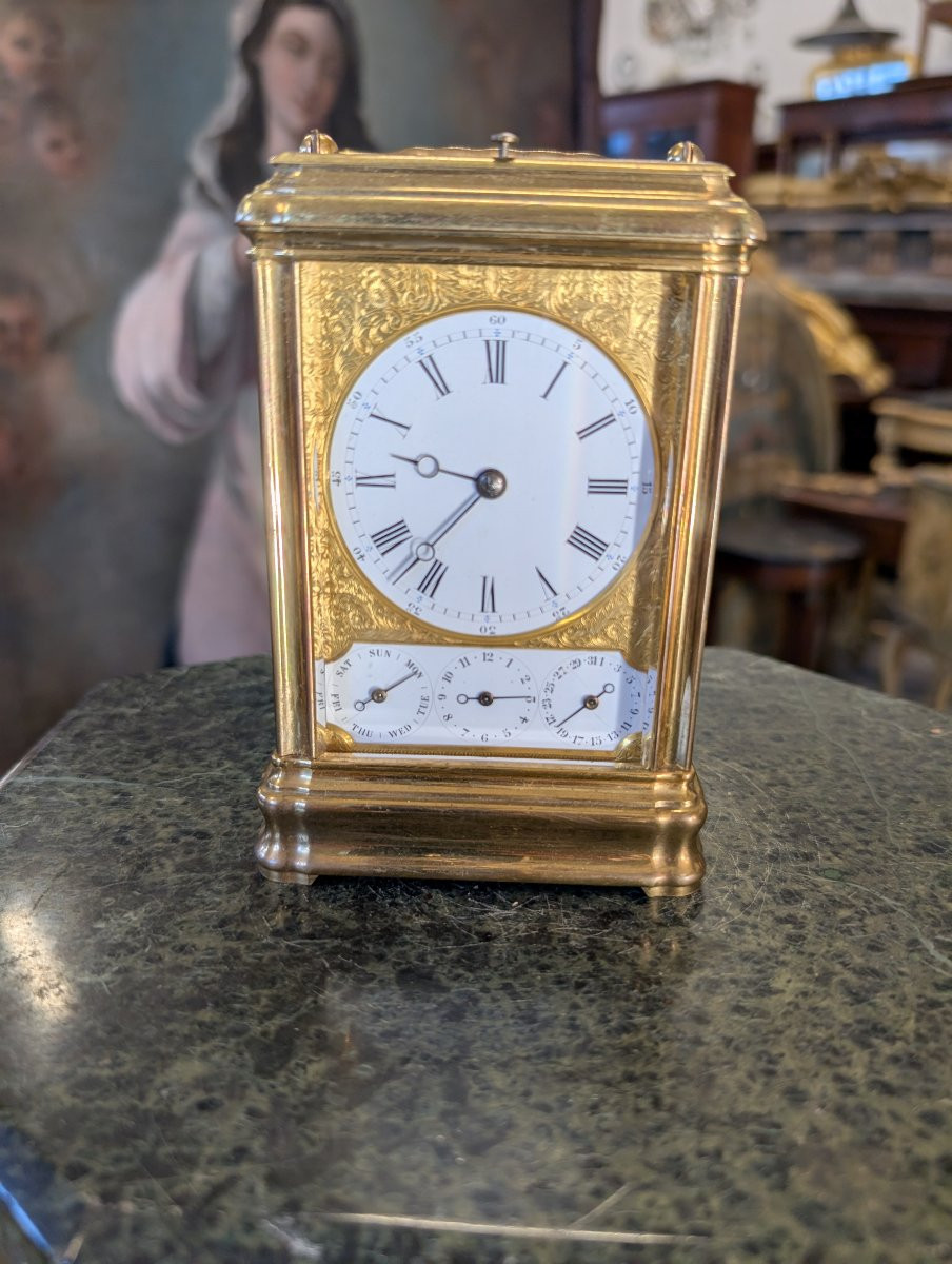 Pendule de Voyage in Bronzo Dorato – Scappamento ad Ancora, Suoneria ai Quarti, Sveglia e Calen-photo-1