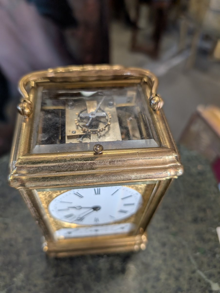 Pendule de Voyage in Bronzo Dorato – Scappamento ad Ancora, Suoneria ai Quarti, Sveglia e Calen-photo-2