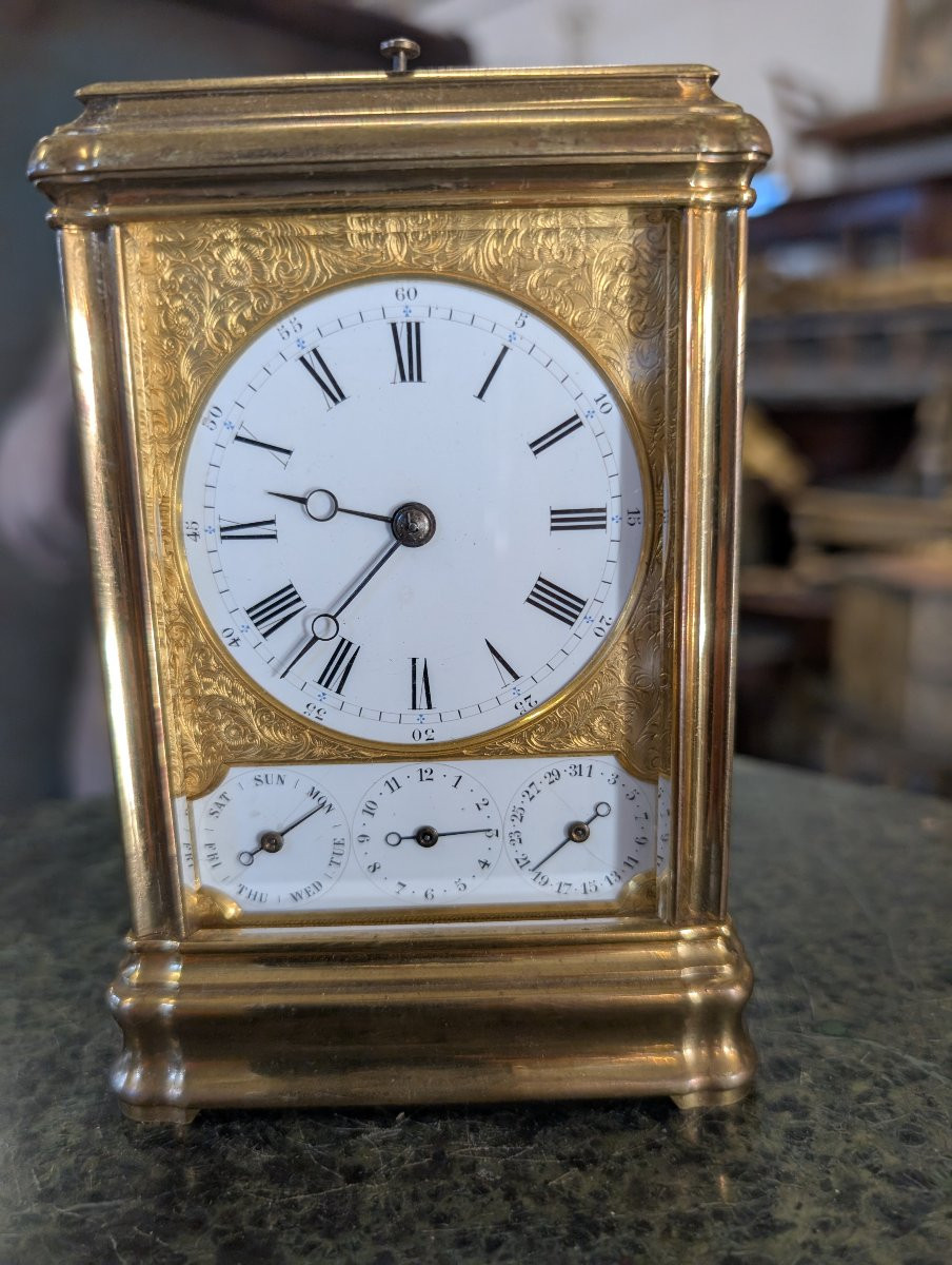 Pendule de Voyage in Bronzo Dorato – Scappamento ad Ancora, Suoneria ai Quarti, Sveglia e Calen-photo-6