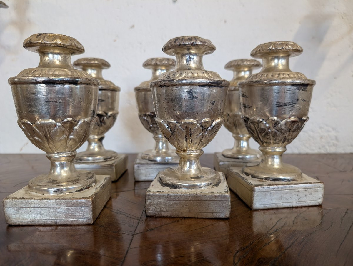 Gruppo di sei porta palme in legno scolpito e argentato-photo-6