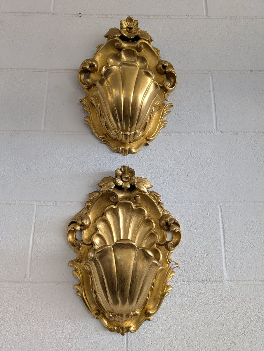 Coppia di appliques in legno intagliato e dorato – Italia, prima metà del Novecento-photo-2