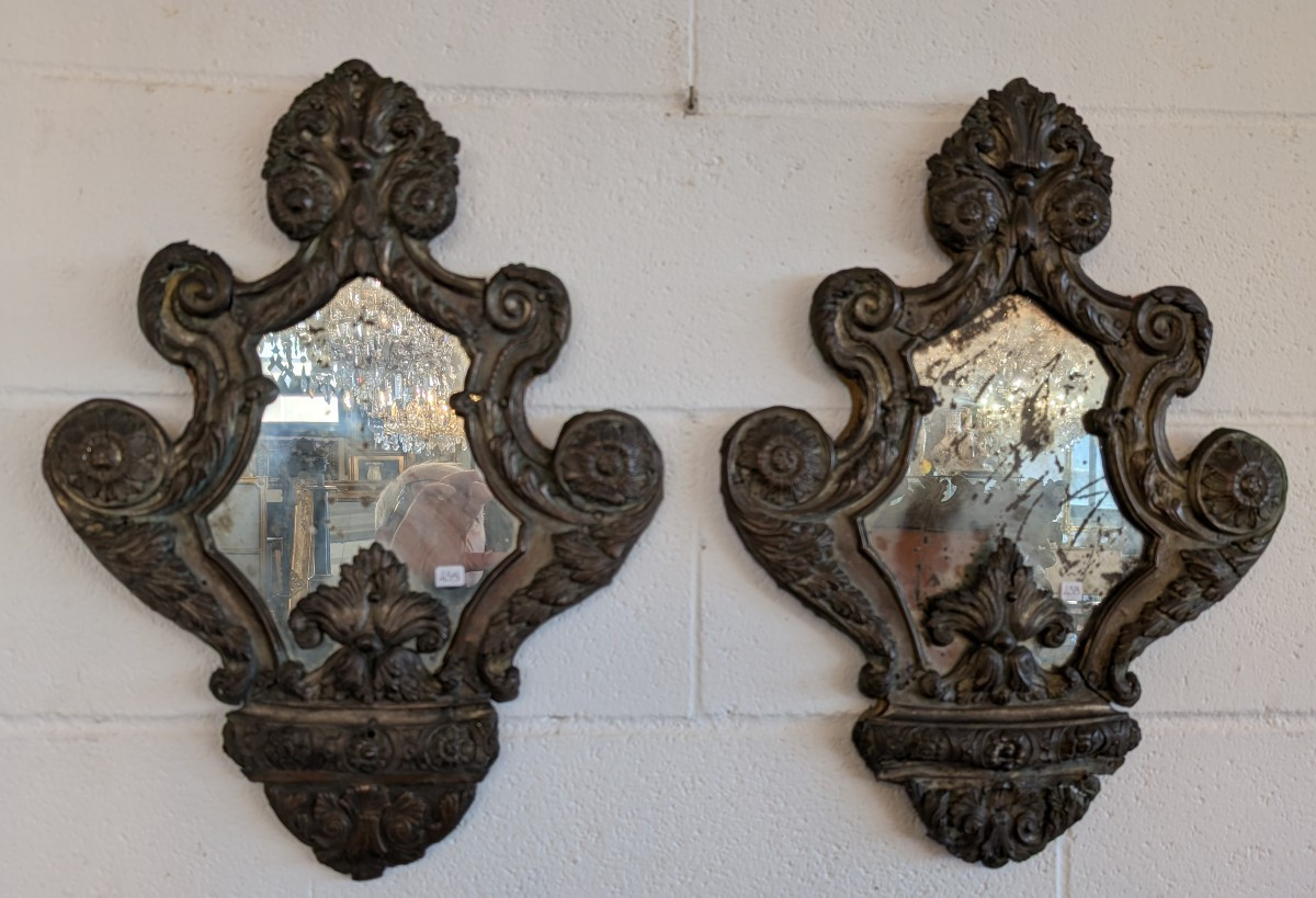 Coppia di specchierine in rame sbalzato e argentato Fine XIX secolo-photo-4