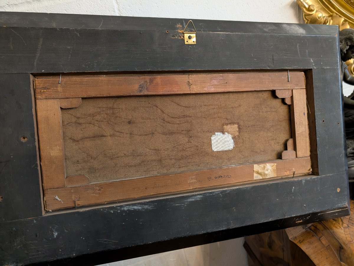 Marina con imbarcazioni e figure sulla riva Olio su tela, XIX secolo-photo-1