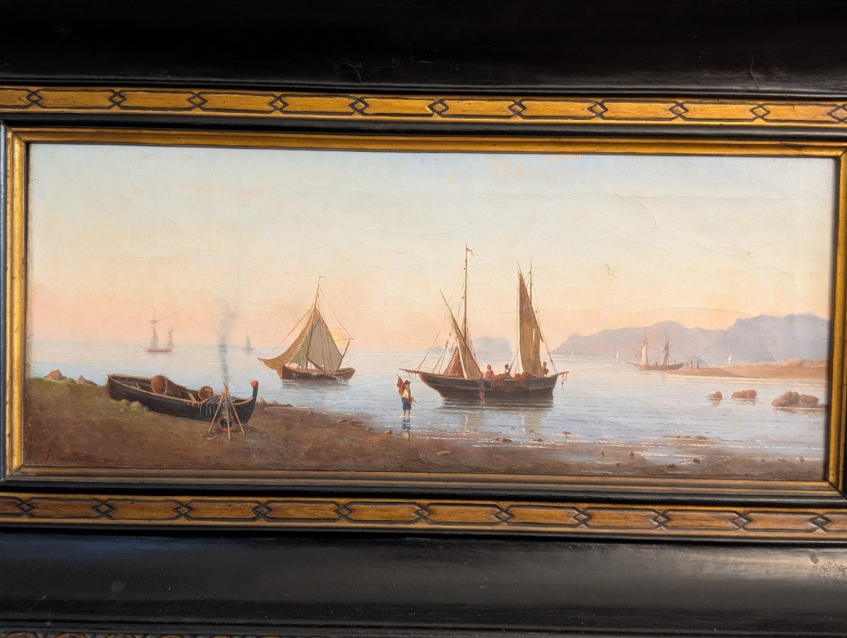 Marina con imbarcazioni e figure sulla riva Olio su tela, XIX secolo-photo-2