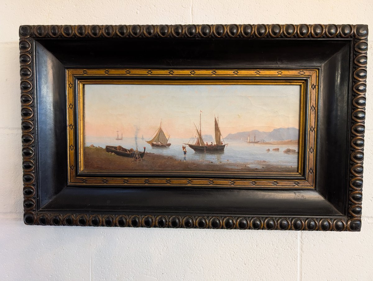 Marina con imbarcazioni e figure sulla riva Olio su tela, XIX secolo-photo-3