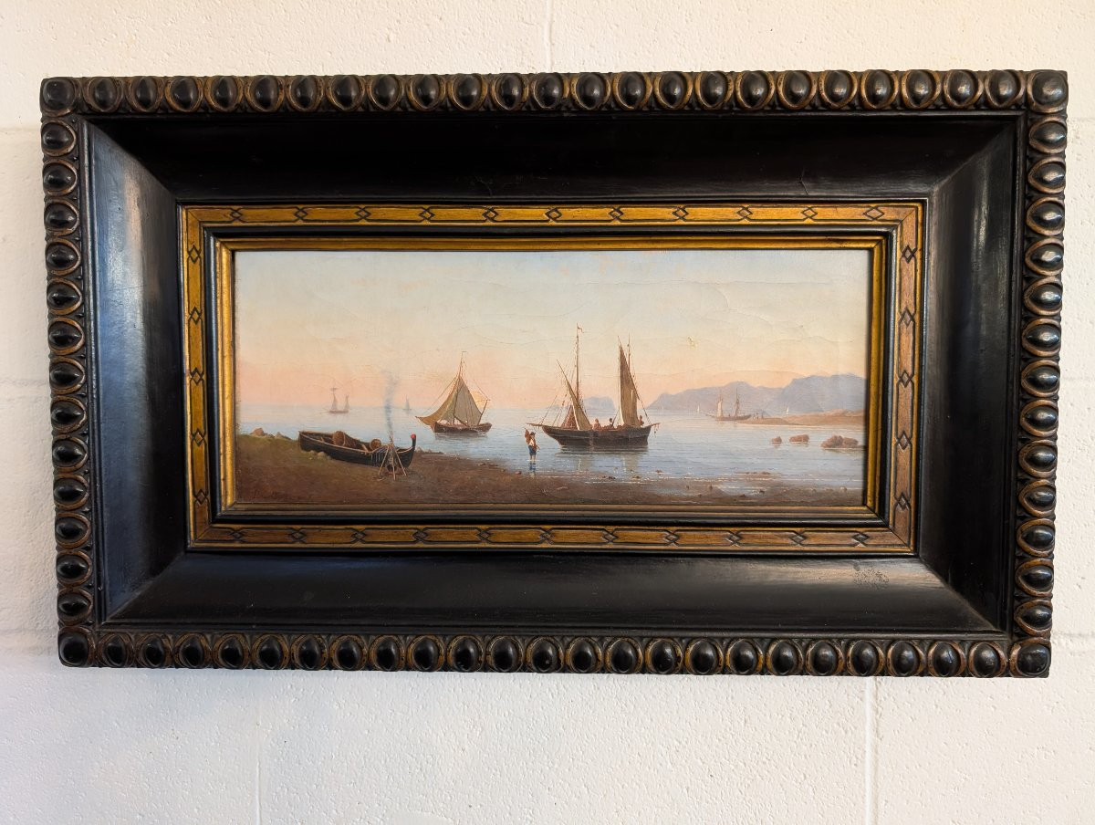 Marina con imbarcazioni e figure sulla riva Olio su tela, XIX secolo-photo-4