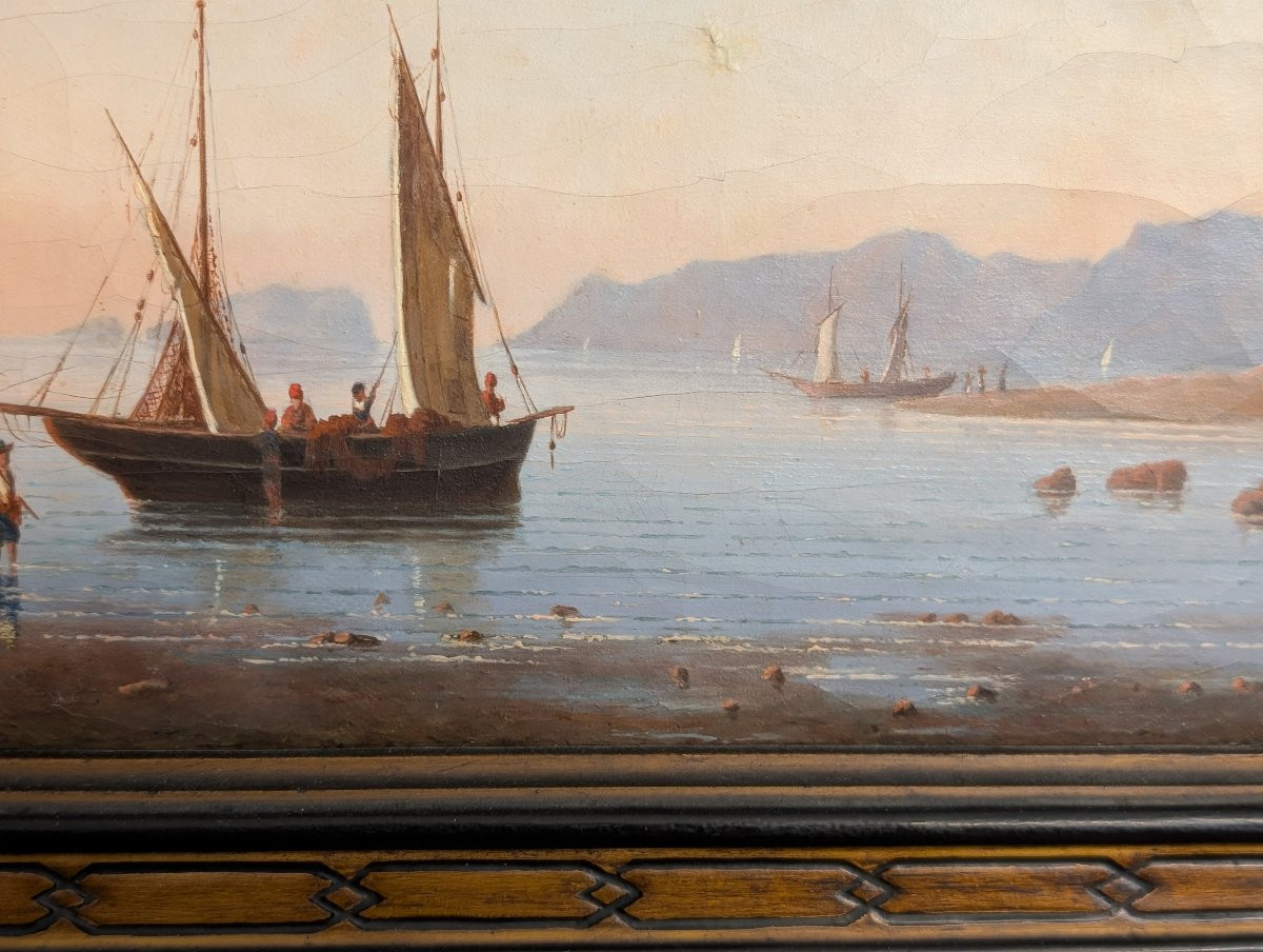 Marina con imbarcazioni e figure sulla riva Olio su tela, XIX secolo-photo-7
