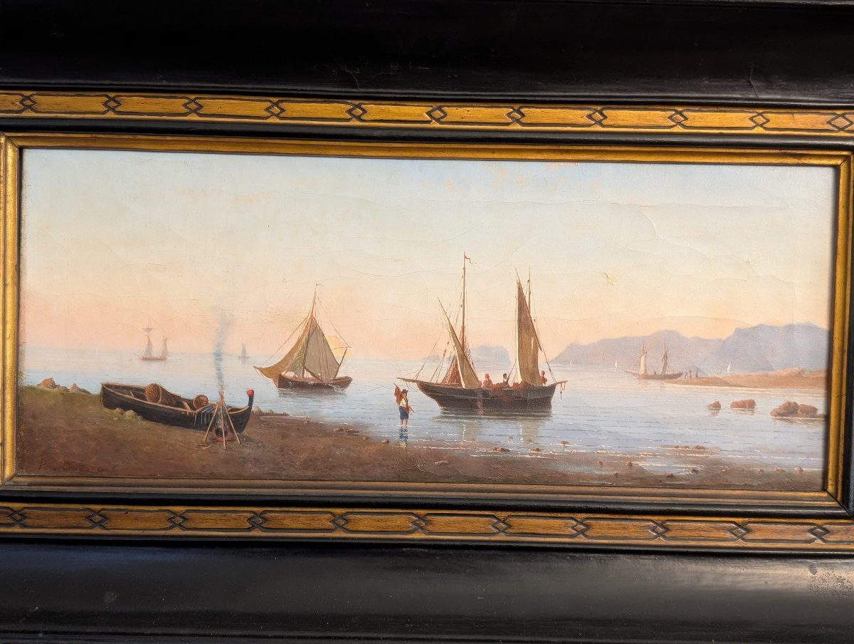 Marina con imbarcazioni e figure sulla riva Olio su tela, XIX secolo-photo-8