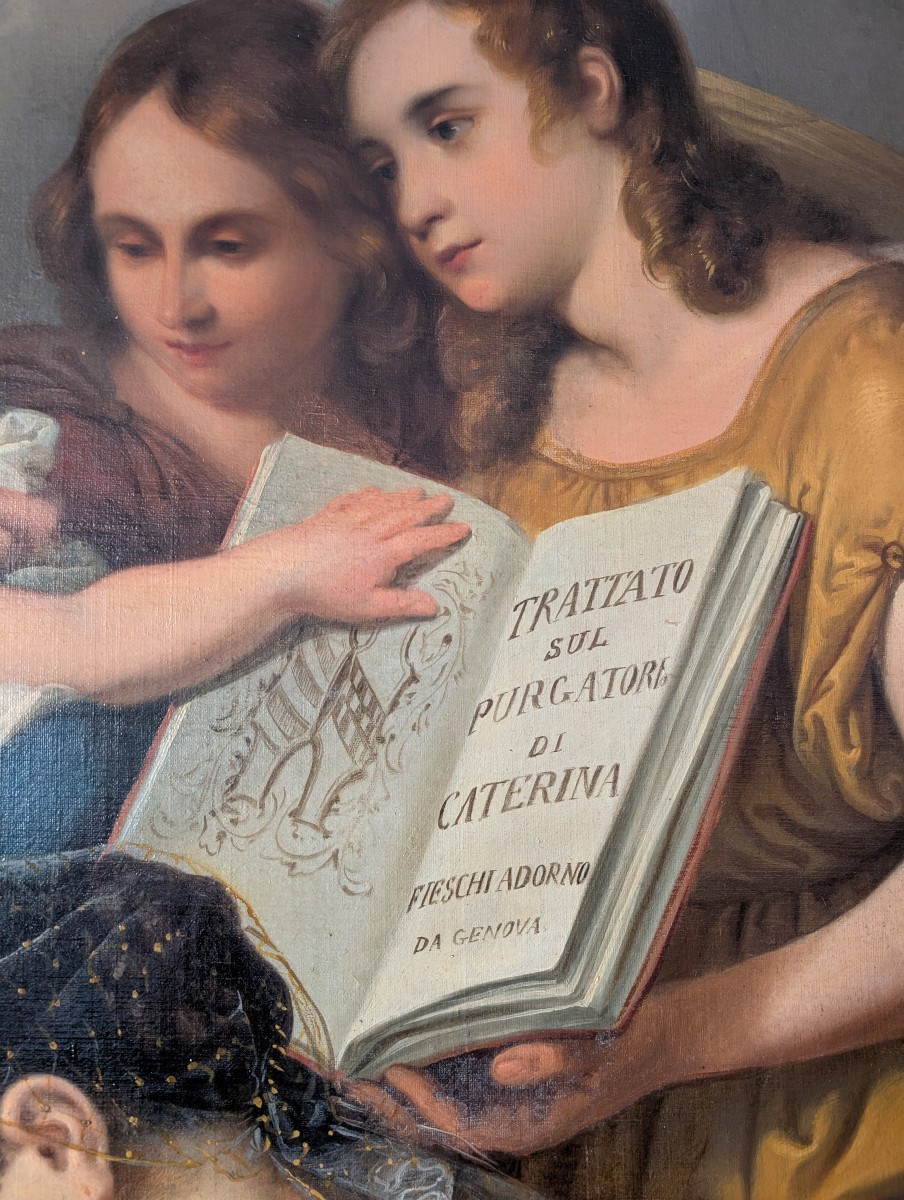 Grande pala d’altare raffigurante Santa Caterina da Genova ispirata dalla Vergine col Bambino-photo-2