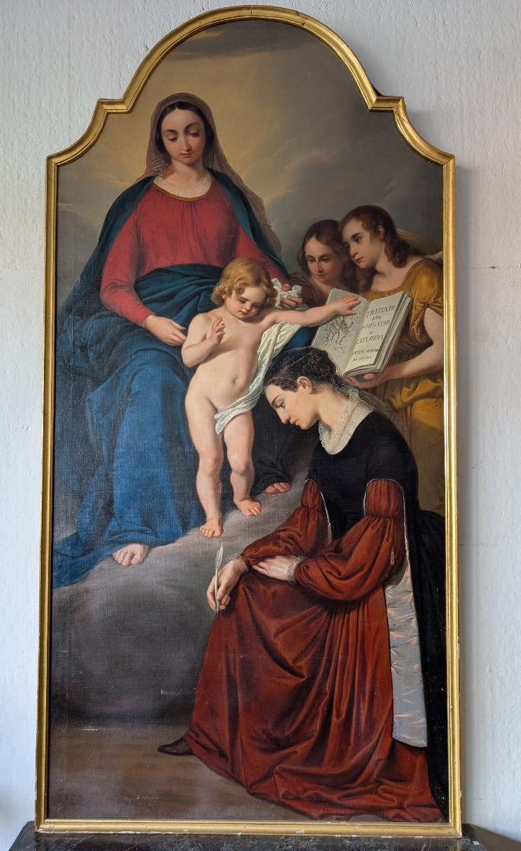 Grande pala d’altare raffigurante Santa Caterina da Genova ispirata dalla Vergine col Bambino-photo-3