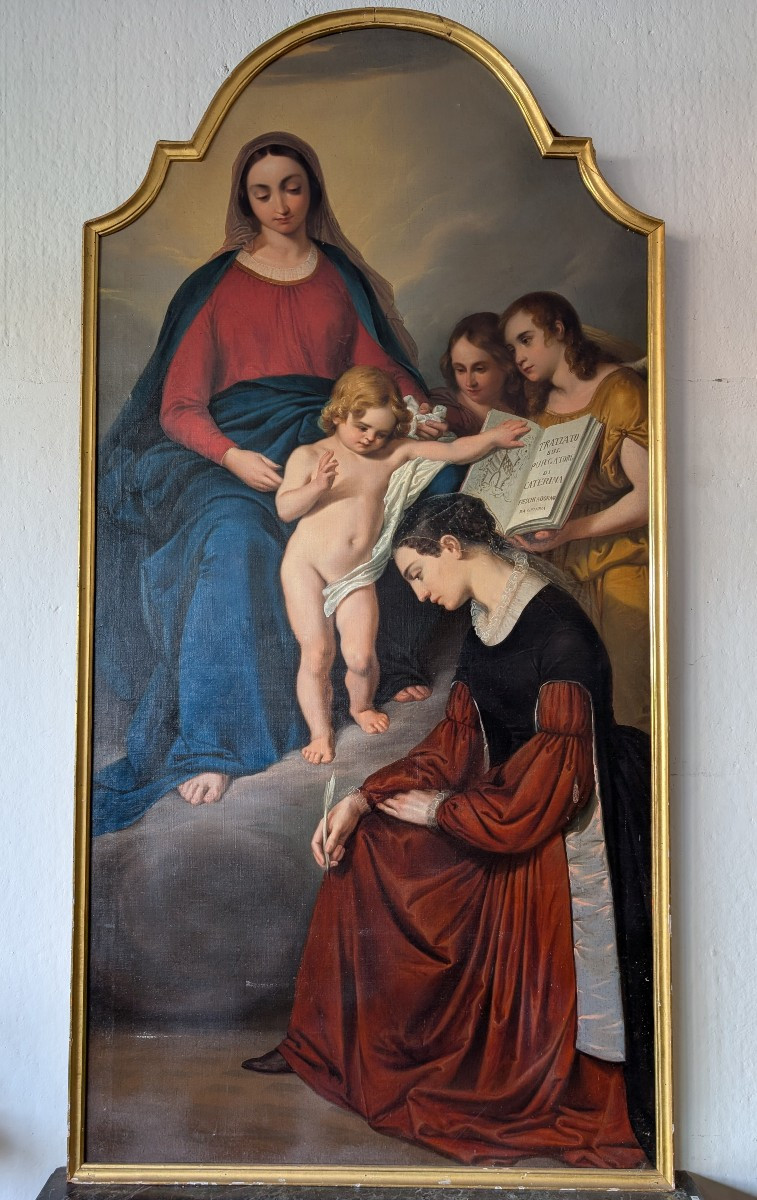 Grande pala d’altare raffigurante Santa Caterina da Genova ispirata dalla Vergine col Bambino