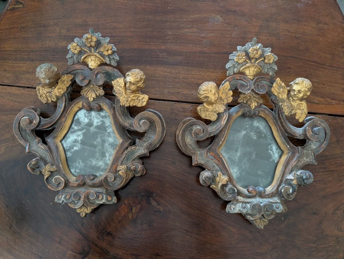 Coppia Specchierine con Putti Legno Dorato e Argentato XIX-photo-1