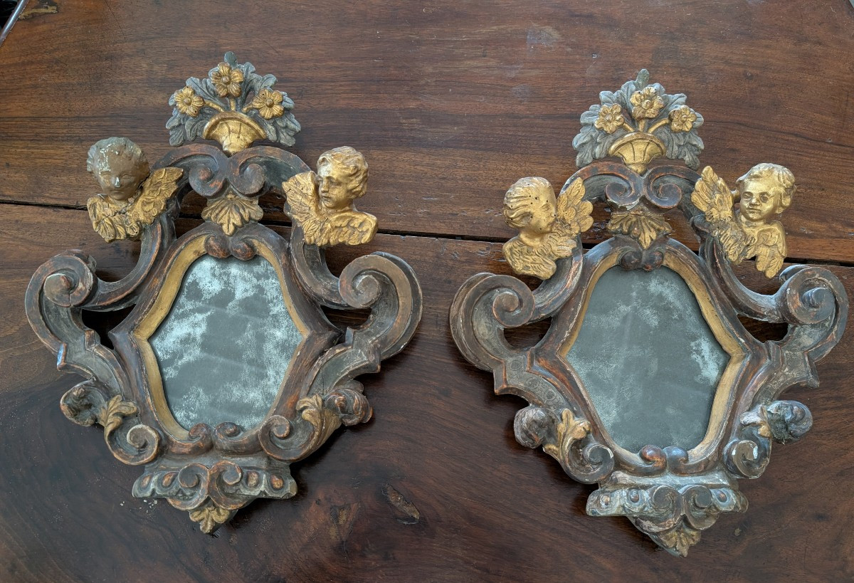 Coppia Specchierine con Putti Legno Dorato e Argentato XIX