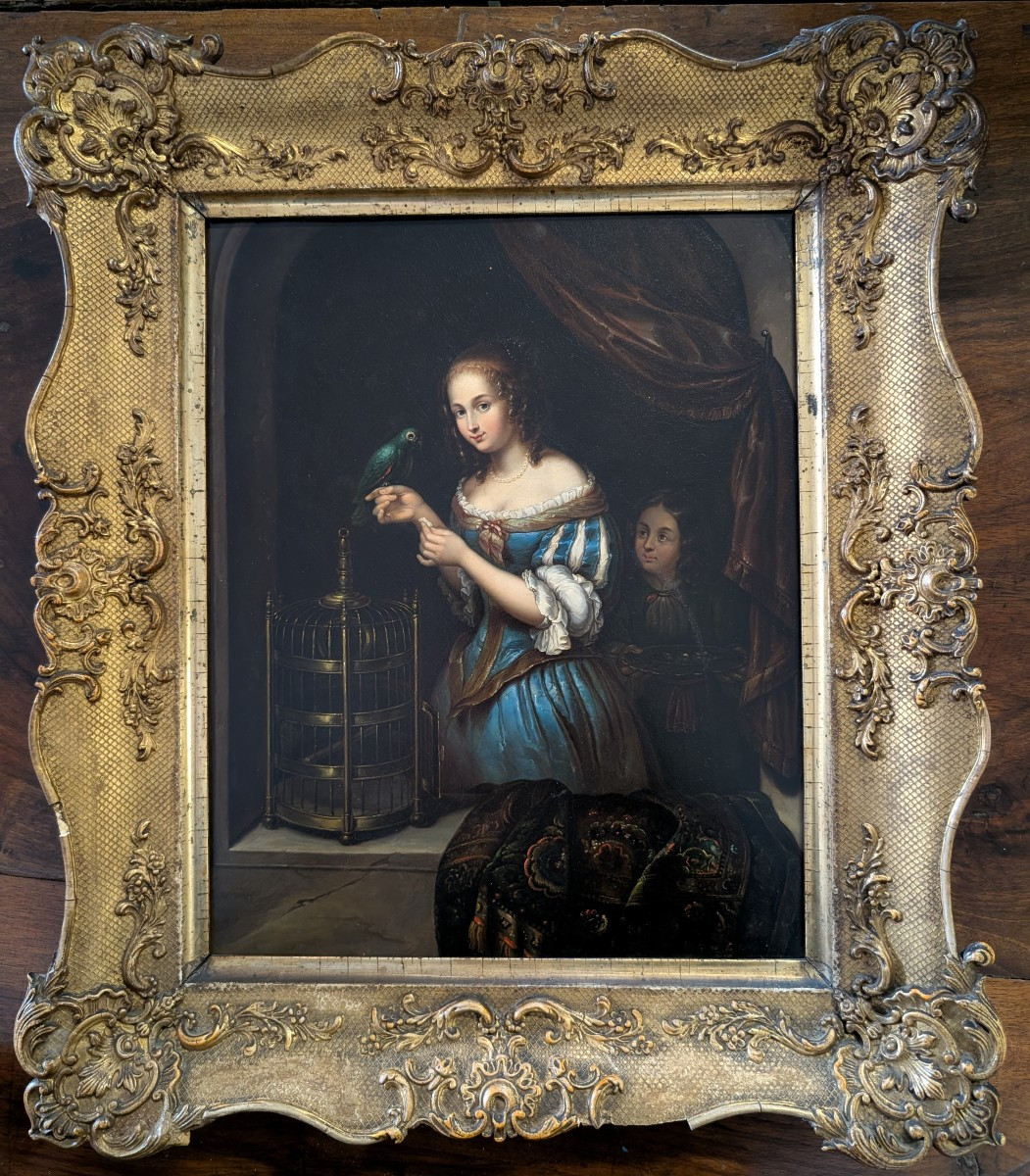 Dipinto olio su metallo con scena di giovane donna e pappagallo, metà XIX secolo-photo-2