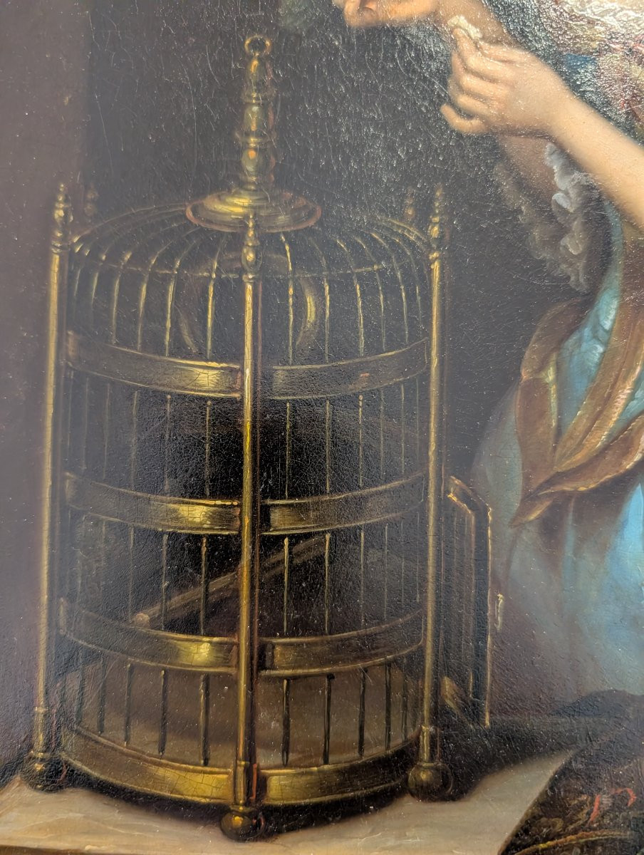 Dipinto olio su metallo con scena di giovane donna e pappagallo, metà XIX secolo-photo-4
