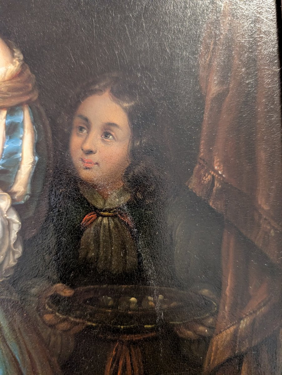 Dipinto olio su metallo con scena di giovane donna e pappagallo, metà XIX secolo-photo-1