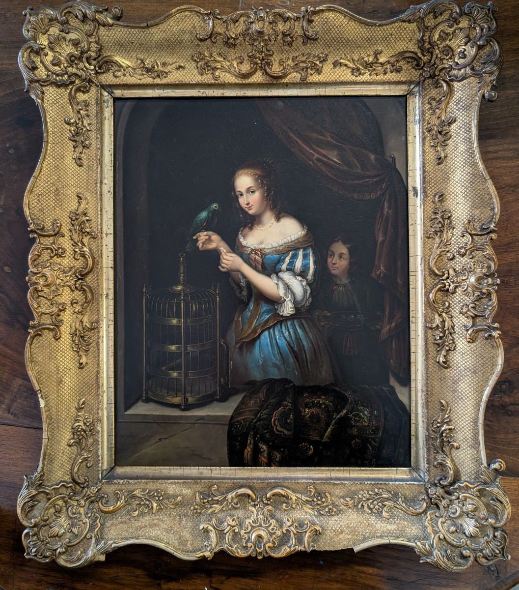Dipinto olio su metallo con scena di giovane donna e pappagallo, metà XIX secolo-photo-6