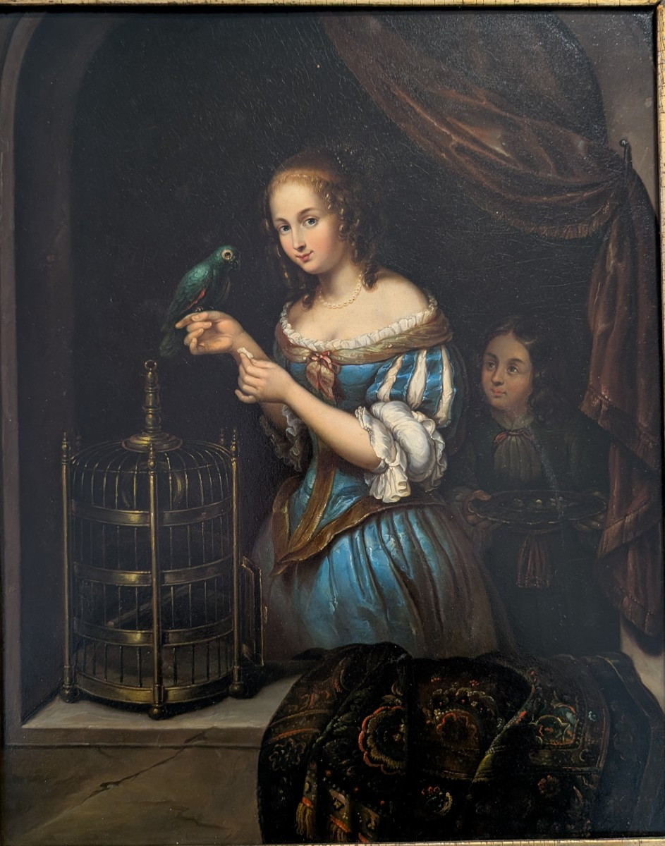 Dipinto olio su metallo con scena di giovane donna e pappagallo, metà XIX secolo