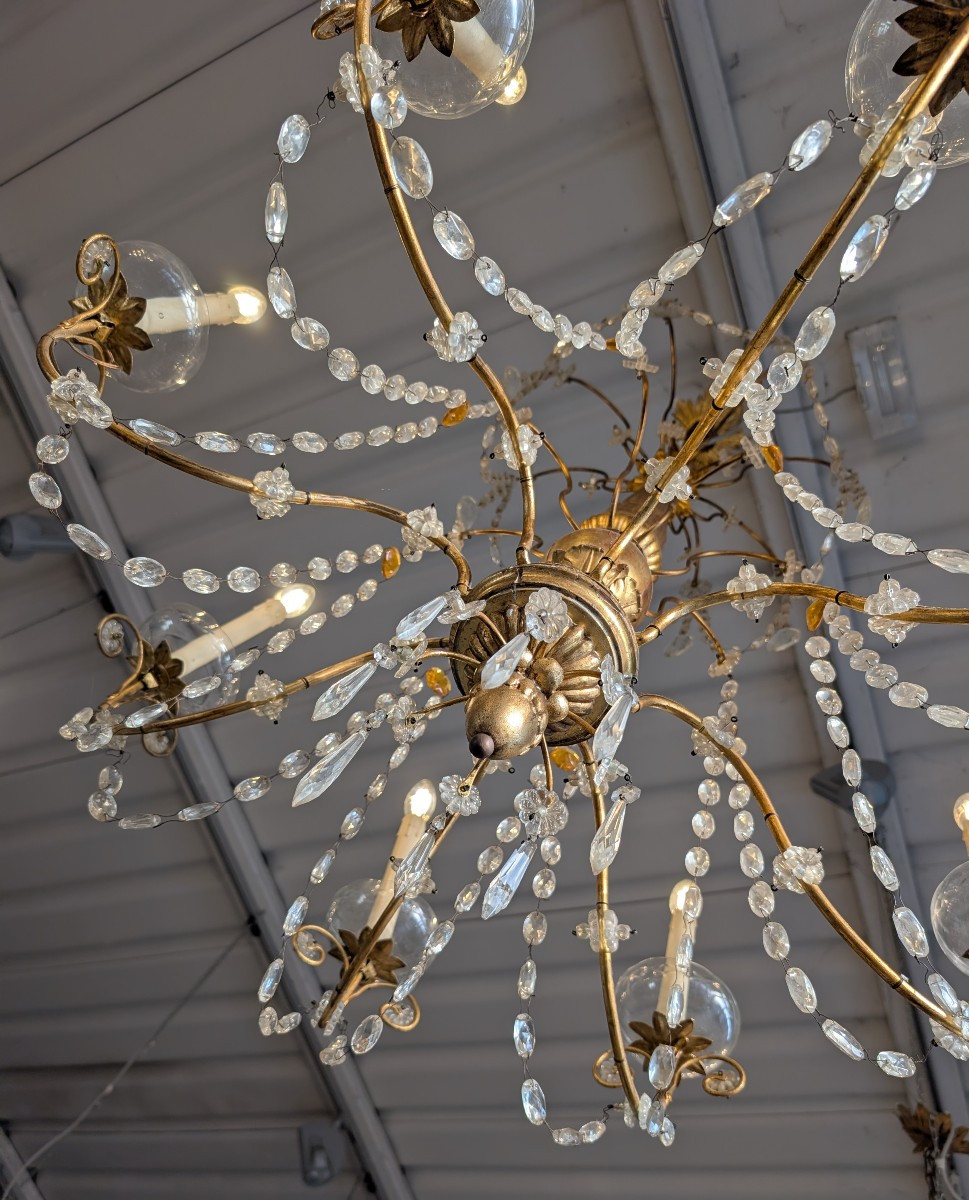 Lampadario genovese a 8 luci in legno dorato e cristalli, fine XIX secolo-photo-2