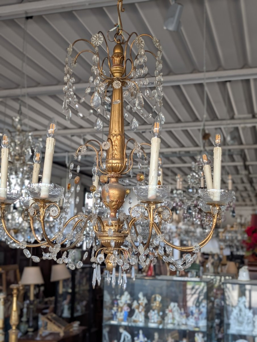 Lampadario genovese a 8 luci in legno dorato e cristalli, fine XIX secolo-photo-6