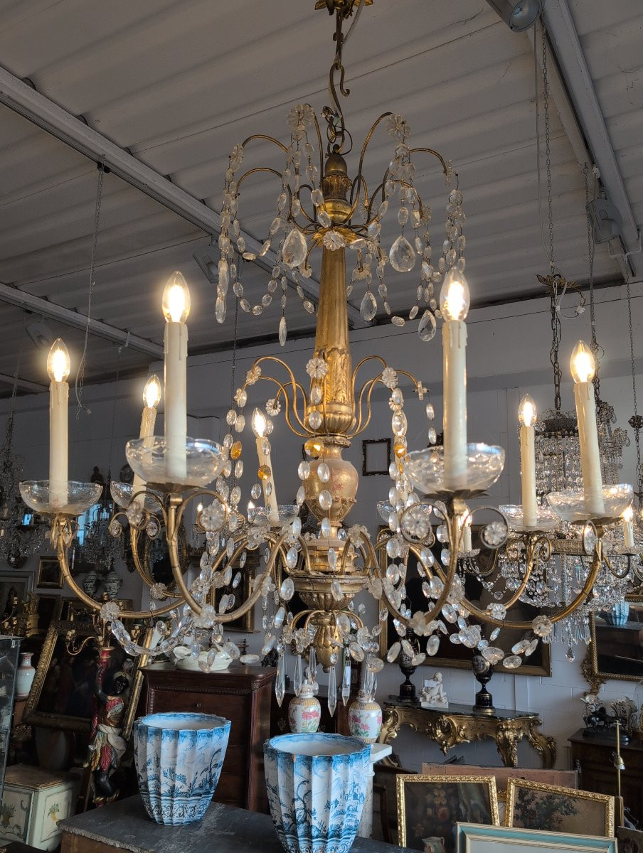 Lampadario genovese a 8 luci in legno dorato e cristalli, fine XIX secolo-photo-8
