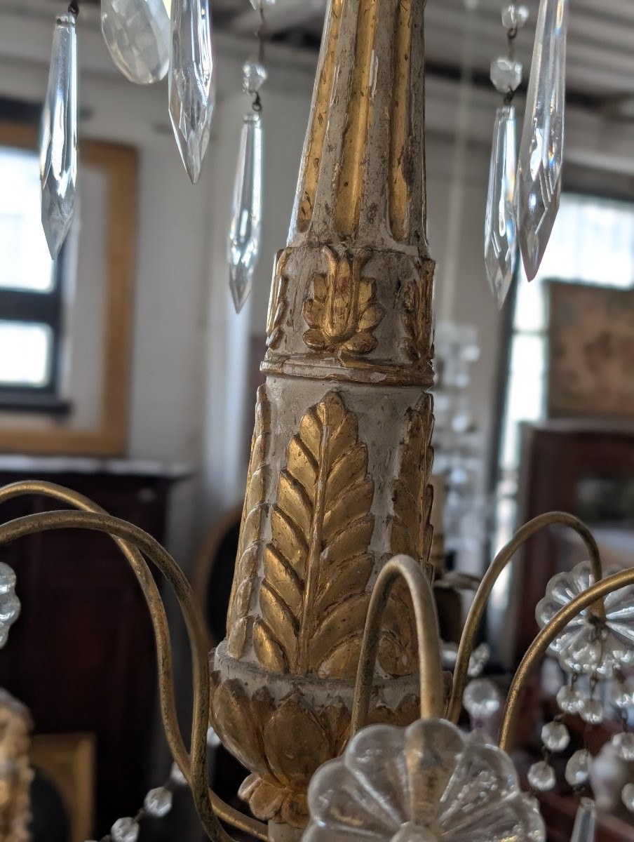 Lampadario genovese in legno intagliato e dorato, XVIII secolo con cristalli, prima metà 900-photo-2