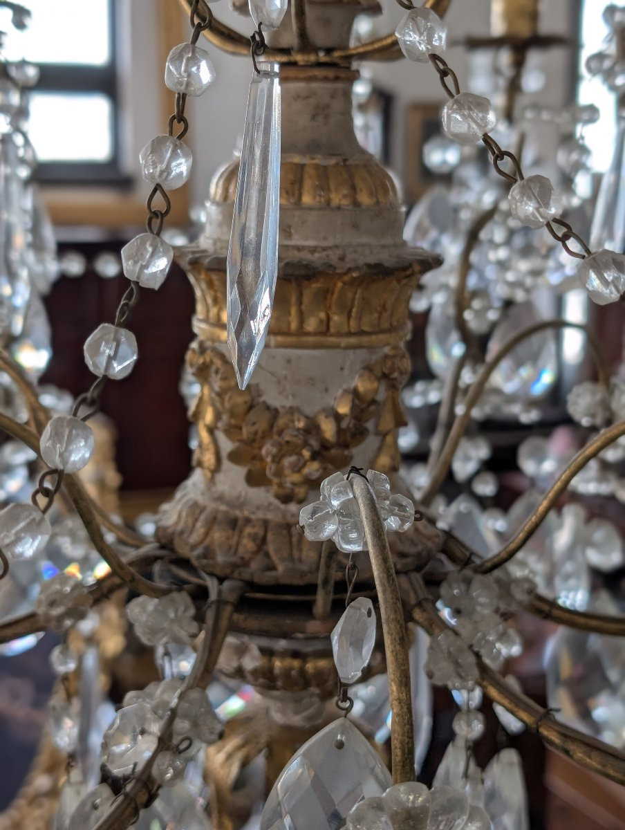 Lampadario genovese in legno intagliato e dorato, XVIII secolo con cristalli, prima metà 900-photo-3