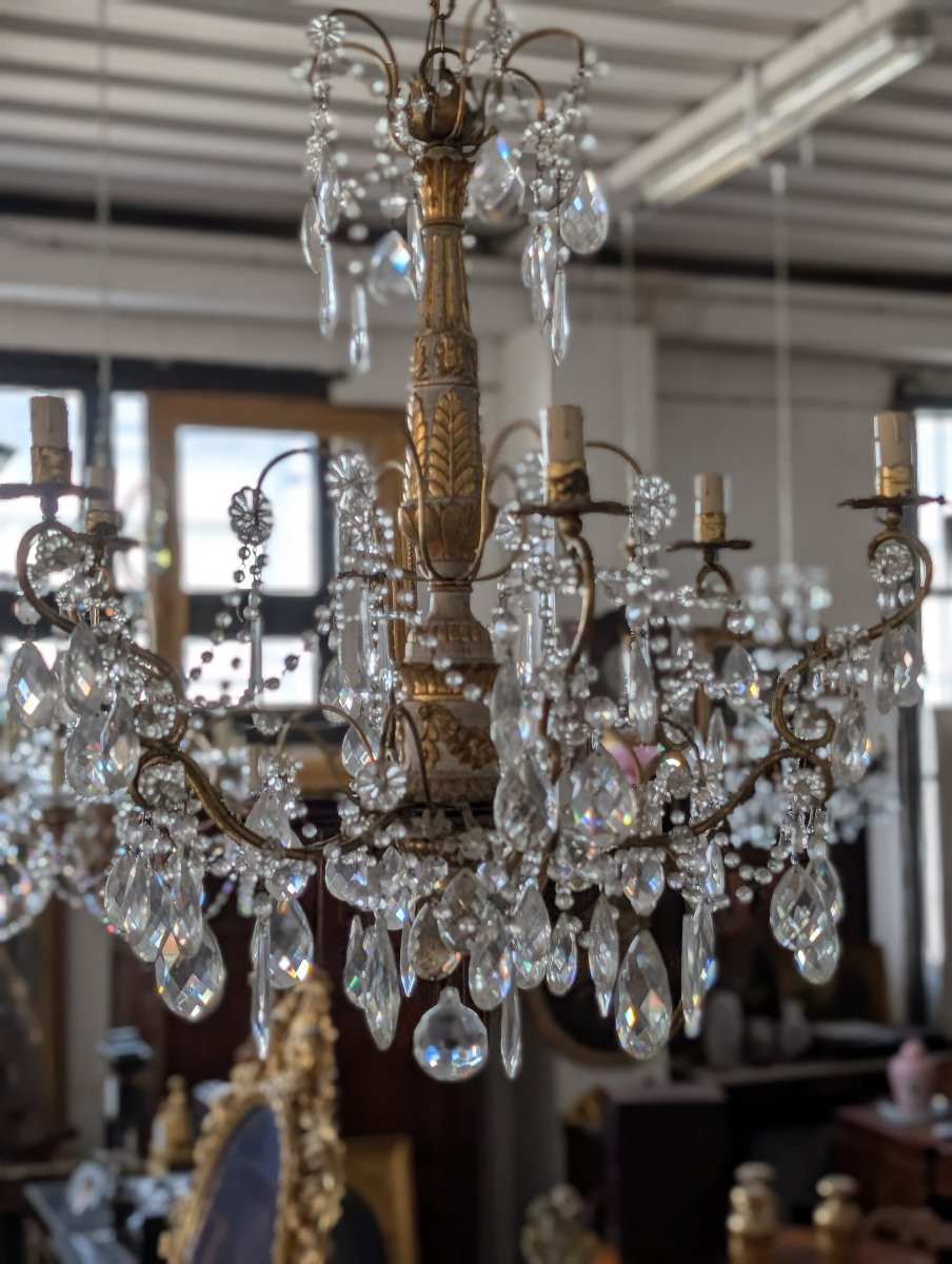 Lampadario genovese in legno intagliato e dorato, XVIII secolo con cristalli, prima metà 900-photo-4