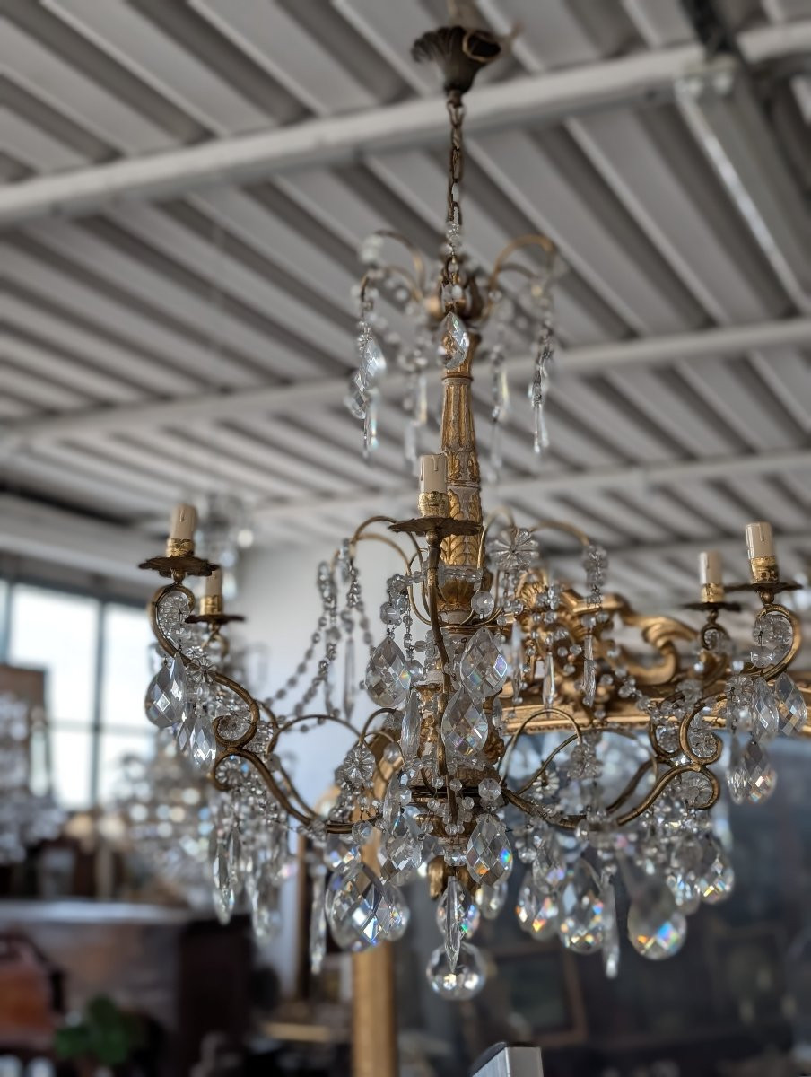 Lampadario genovese in legno intagliato e dorato, XVIII secolo con cristalli, prima metà 900-photo-1