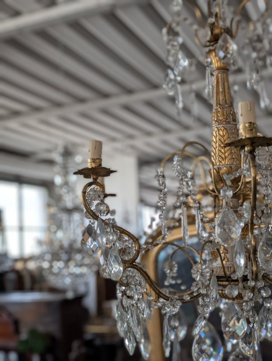 Lampadario genovese in legno intagliato e dorato, XVIII secolo con cristalli, prima metà 900-photo-2