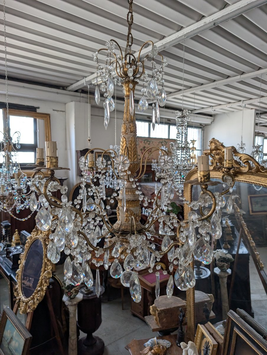 Lampadario genovese in legno intagliato e dorato, XVIII secolo con cristalli, prima metà 900-photo-3