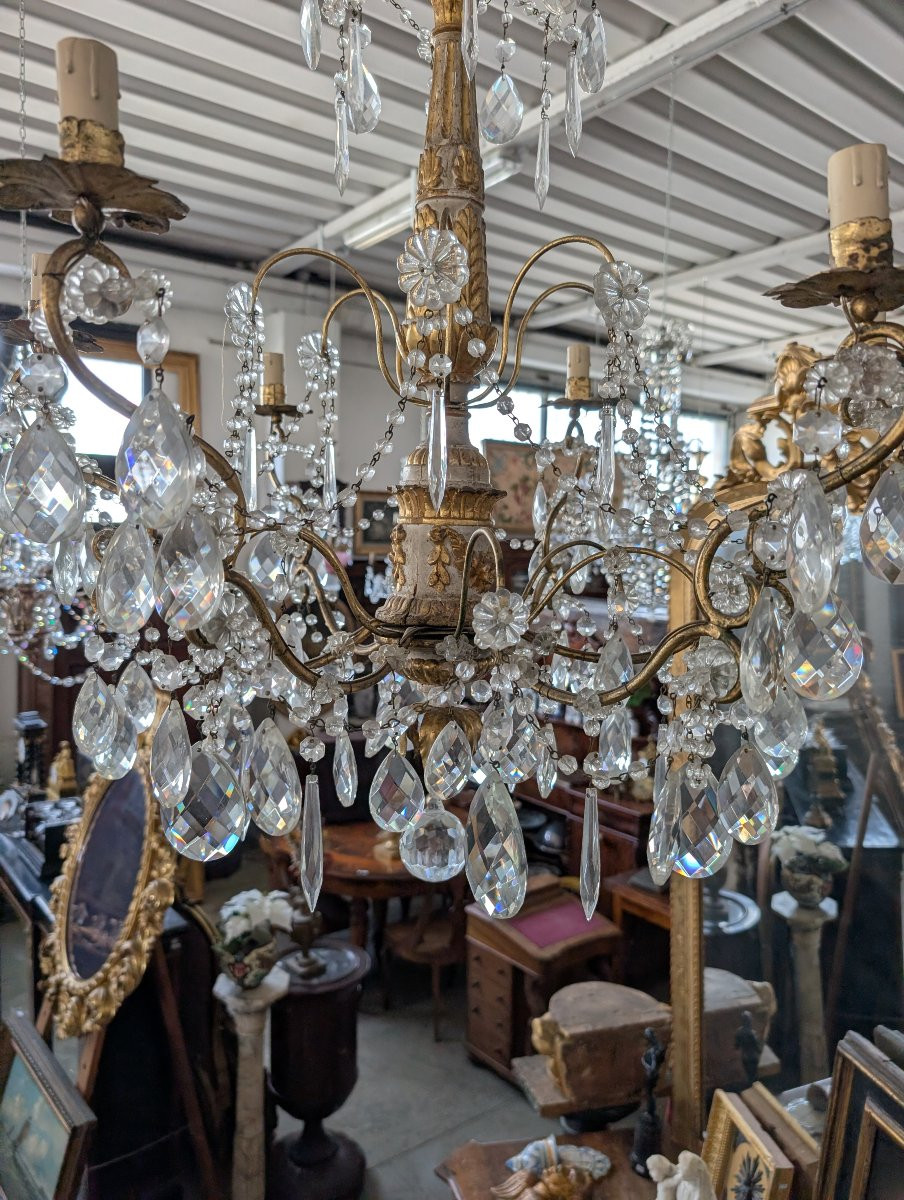 Lampadario genovese in legno intagliato e dorato, XVIII secolo con cristalli, prima metà 900-photo-4