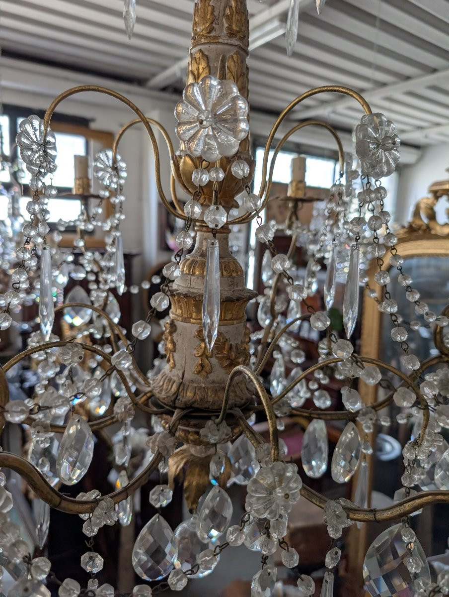 Lampadario genovese in legno intagliato e dorato, XVIII secolo con cristalli, prima metà 900-photo-5