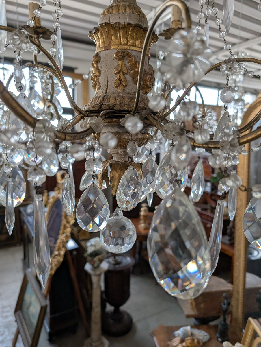 Lampadario genovese in legno intagliato e dorato, XVIII secolo con cristalli, prima metà 900-photo-6