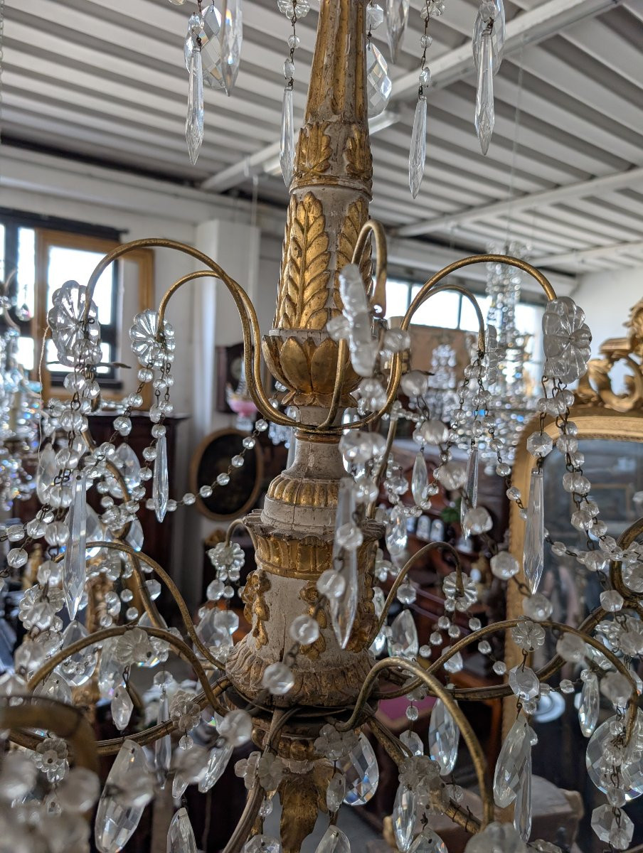 Lampadario genovese in legno intagliato e dorato, XVIII secolo con cristalli, prima metà 900-photo-7