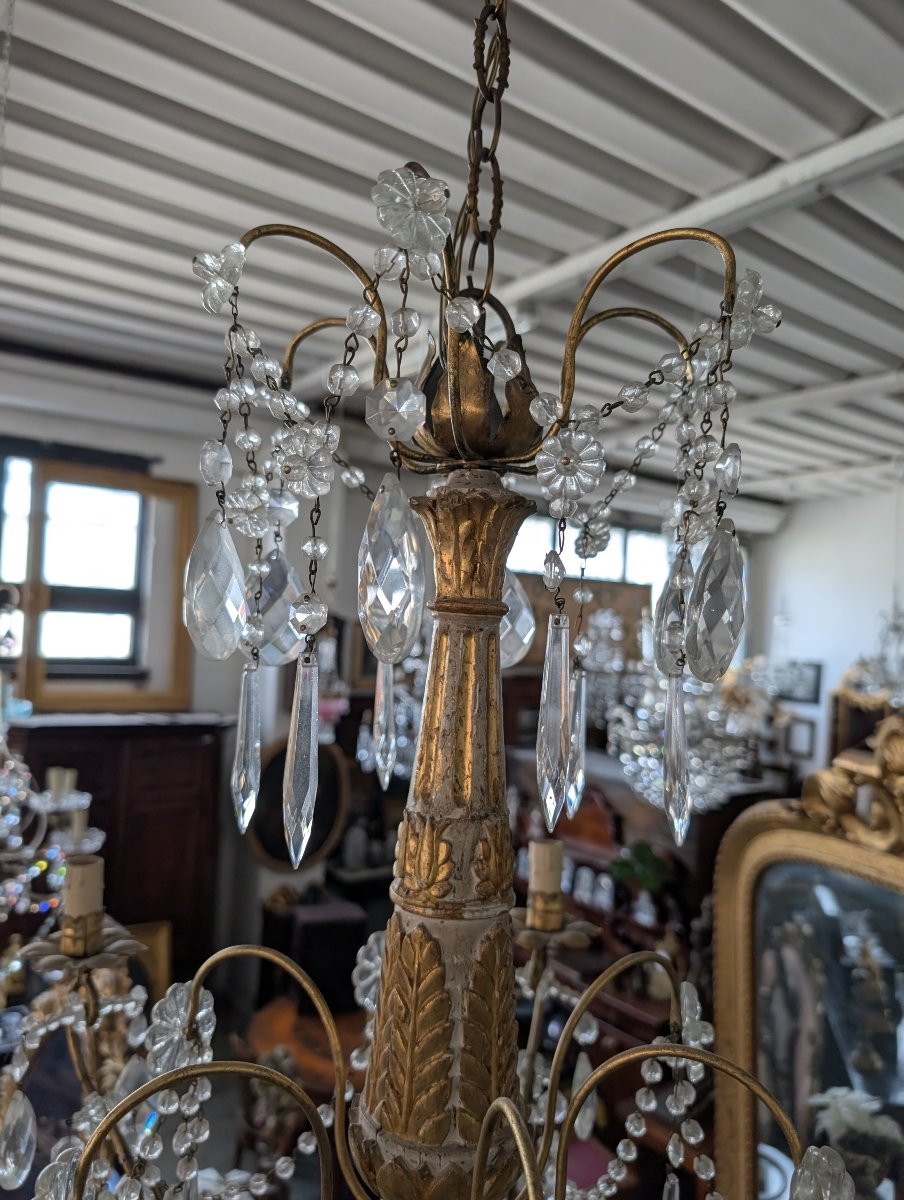 Lampadario genovese in legno intagliato e dorato, XVIII secolo con cristalli, prima metà 900-photo-8