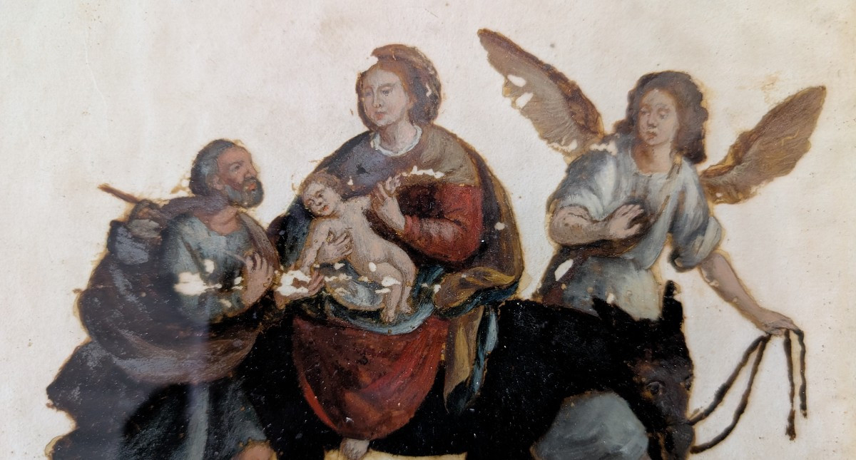Dipinto olio su vetro raffigurante la Fuga in Egitto – fine XVIII secolo-photo-4